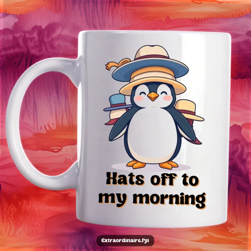 Funny Penguin Hat Stack Mug: A silly penguin precariously balances oversized hats, creating a humorous and charming scene for your coffee.
