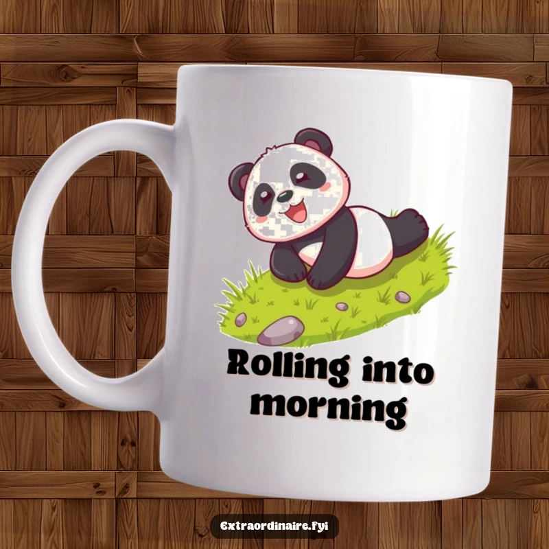 Funny mug featuring a playful panda character gleefully rolling down a grassy hill, conveying pure happiness and fun.