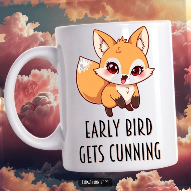 Funny Pouncing Fox Mug featuring a mischievous fox leaping with a twinkle in its eye, capturing sly playfulness and quick wit.