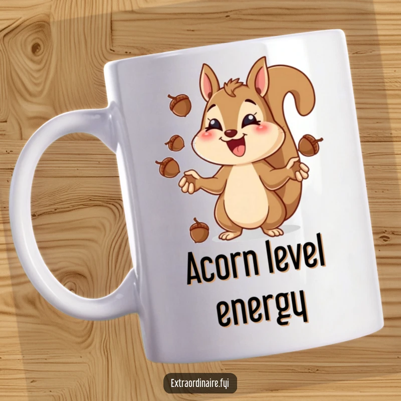 Funny squirrel character mug, juggling acorns with extreme concentration and a wide, joyful grin.