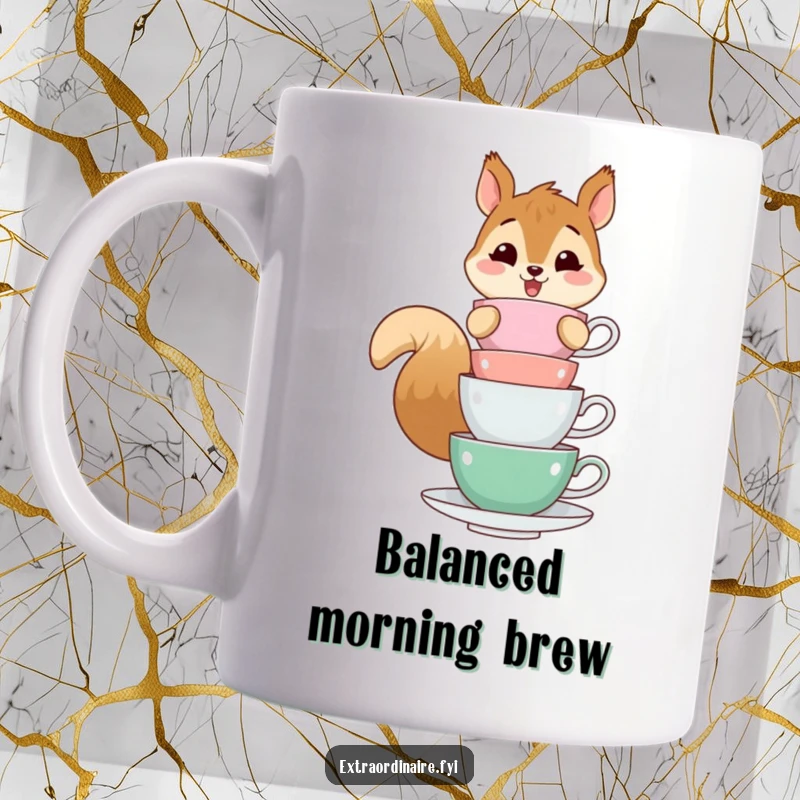Funny mug featuring a cheerful squirrel with bright eyes, skillfully balancing a tall stack of colorful teacups on its head.