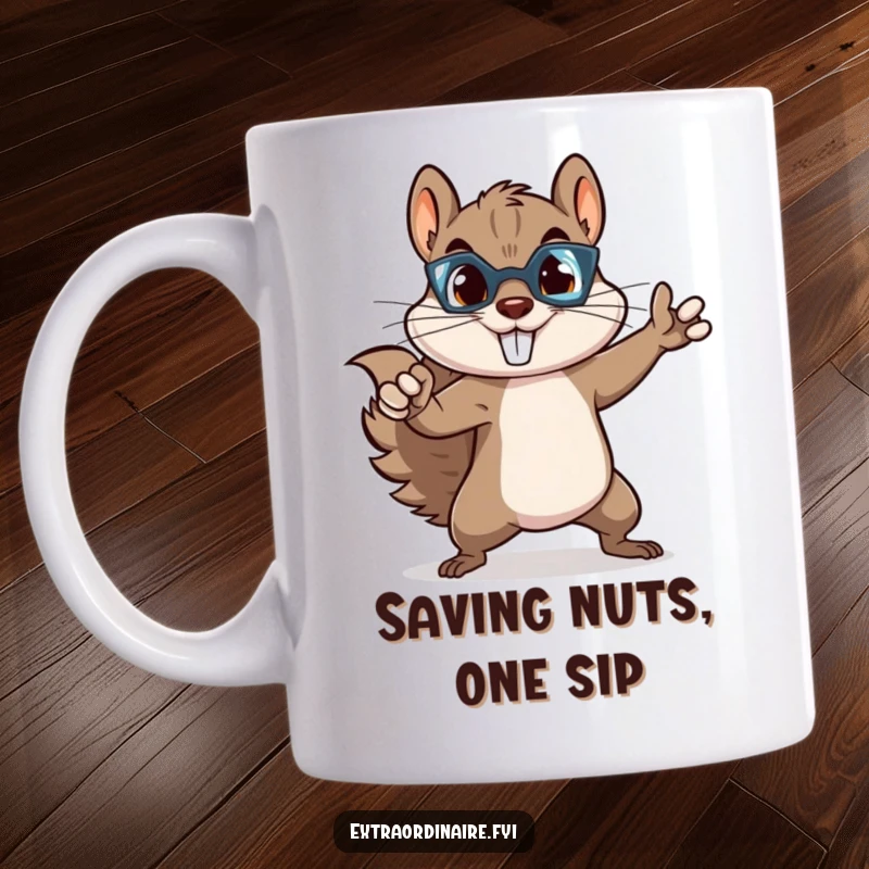 Funny superhero squirrel mug showcasing a tiny rodent in a dynamic, heroic pose, ready to save the day with a smile.