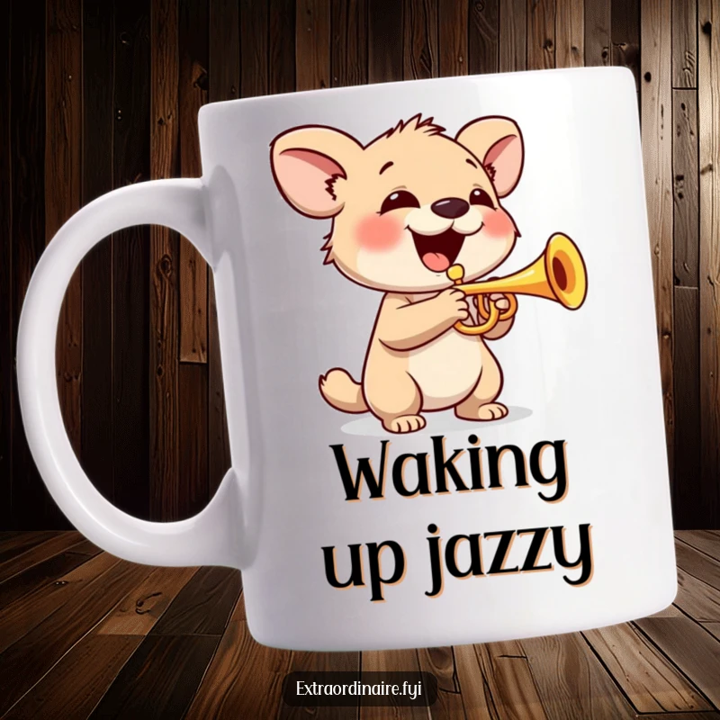Funny Mug: A happy animal character plays a miniature trumpet with a wide, joyful smile, spreading musical cheer.