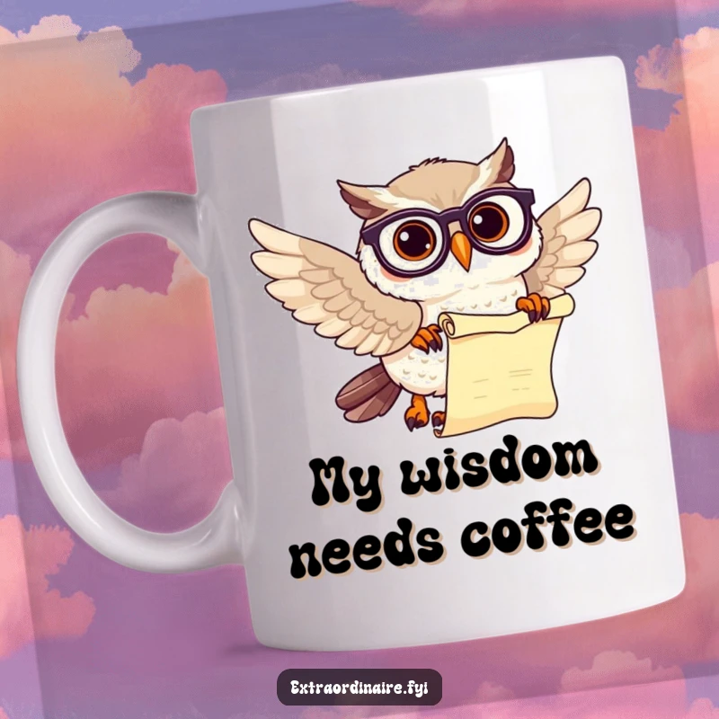Funny wise owl scholar mug with spectacles flying with a scroll, perfect for book lovers and academics.