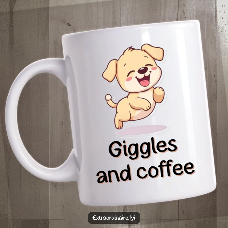 Funny puppy character mug, caught giggling while chasing its tail in a playful circle.