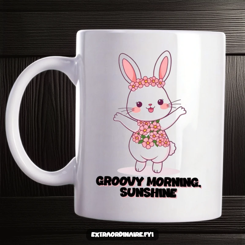 Funny dancing rabbit mug, wearing a flower garland, joyful and energetic pose, perfect for spring and a funny gift.
