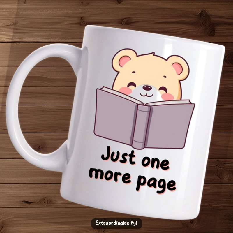 Funny mug with a smiling bear peeking from behind a large book, representing a love for reading and cozy moments.