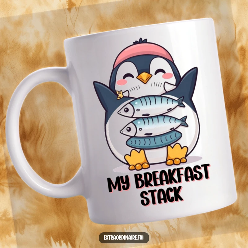 Funny Penguin Fish Stack Mug: A proud penguin displays a perfectly balanced stack of fish, showcasing funny fishing success.