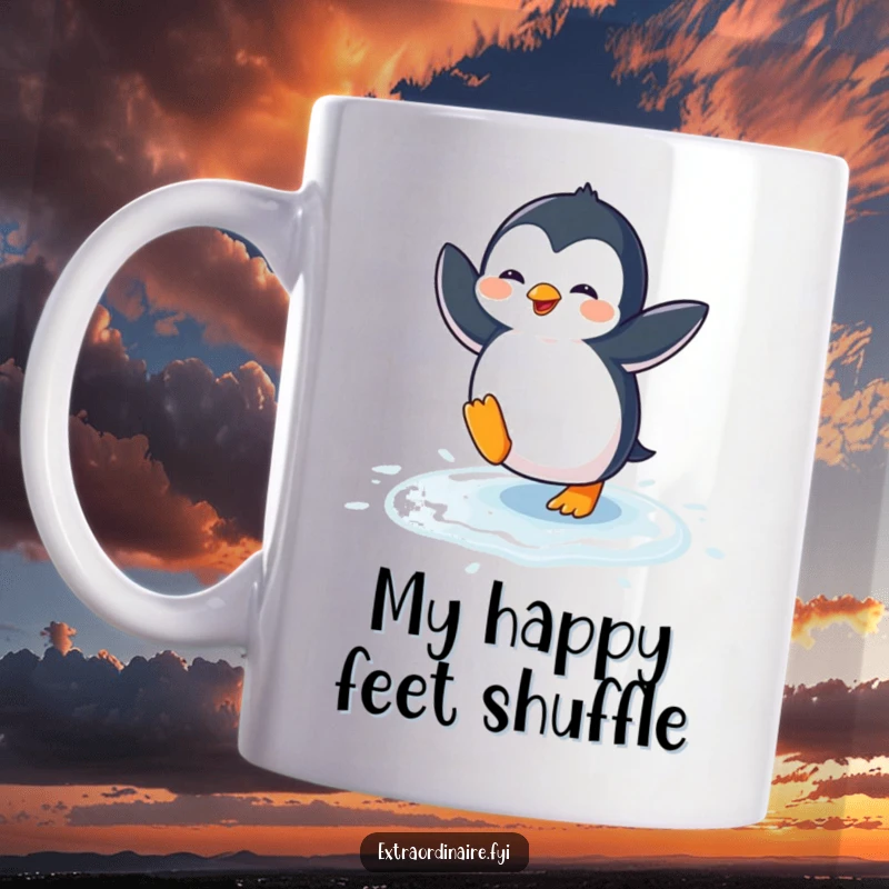 Funny penguin mug showing a joyful penguin dancing wildly on a slippery ice surface, spreading happiness and humor.