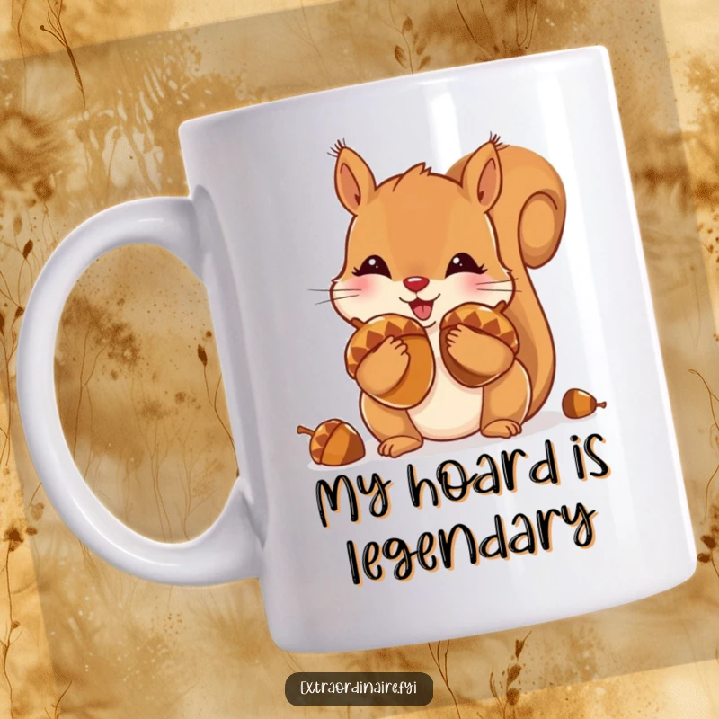 Funny mug showing a playful squirrel with cheeks bulging, stuffing oversized, shiny acorns into its mouth greedily.