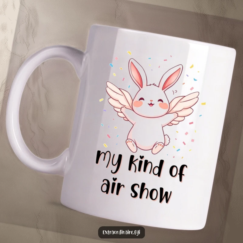 Funny Angel Rabbit Mug: A joyful rabbit with wings flying through confetti, spreading happiness and cheer. Perfect for gifting.