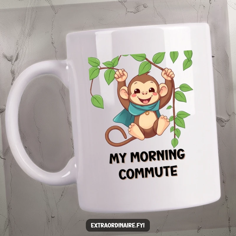 Funny Monkey Cape Swinging Mug: A tiny caped monkey joyfully swings from a vine, bringing heroic laughter to your day.