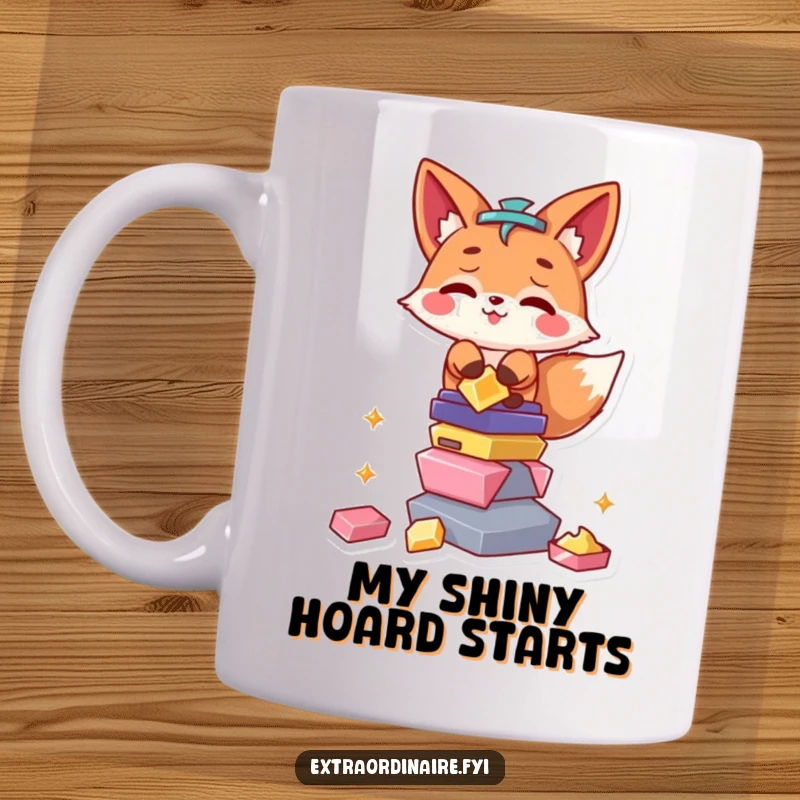 Funny Fox Mug: A mischievous fox character joyfully balances a precarious stack of shiny objects like coins and jewels.