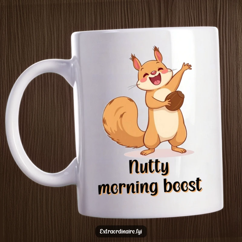 Funny Squirrel Flip Mug: A joyful squirrel executes a perfect acrobatic flip while holding a nut, showcasing funny athleticism.