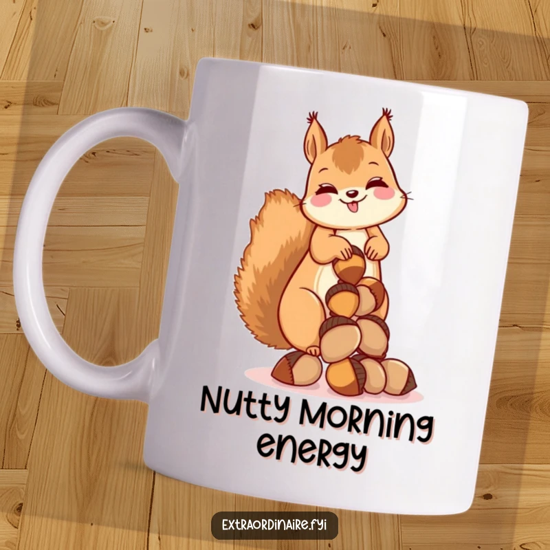 Funny mug with a giggling squirrel hilariously balancing a tall stack of acorns, representing abundance and fun.