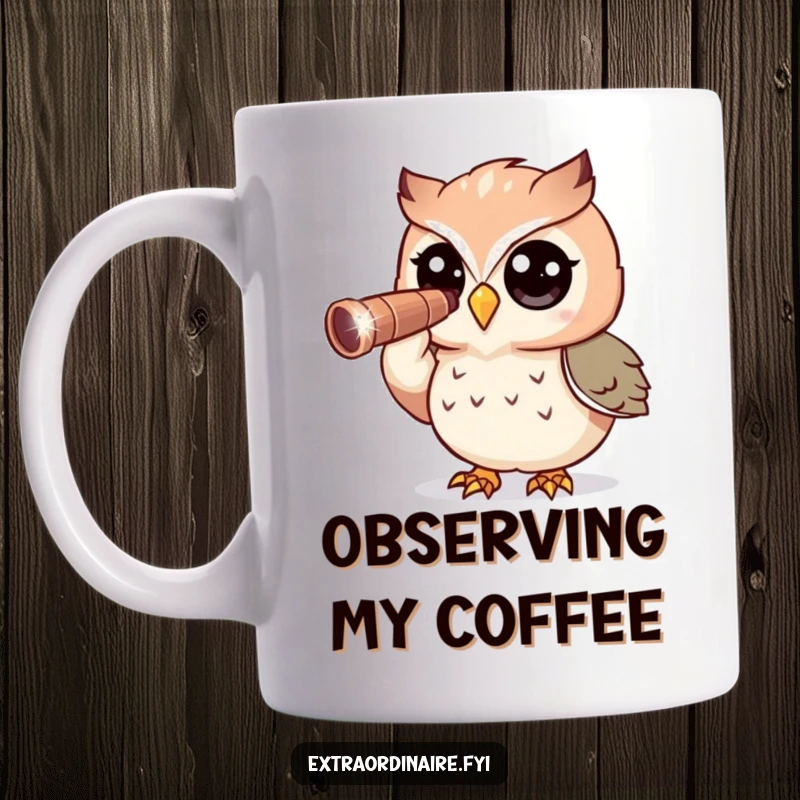 Funny Owl Mug: A curious, wide-eyed owl character peers intently through a sparkly, shimmering telescope at the night sky.