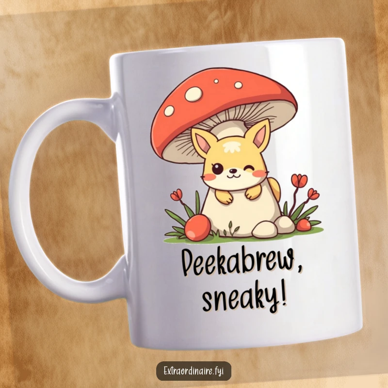 Funny mischievous animal character hiding behind a giant mushroom, peeking out with a playful smirk on a coffee mug.