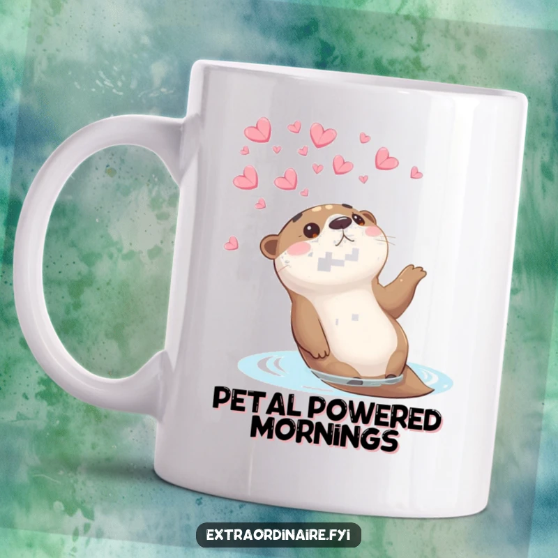 Funny otter mug showing a content otter floating on its back, looking up in wonder at falling flower petals, serene yet comical.