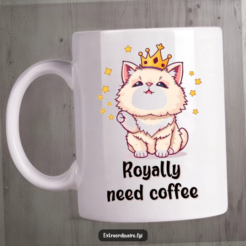 Funny mug featuring a fluffy cat in a crown, juggling sparkling stars with a playful expression.
