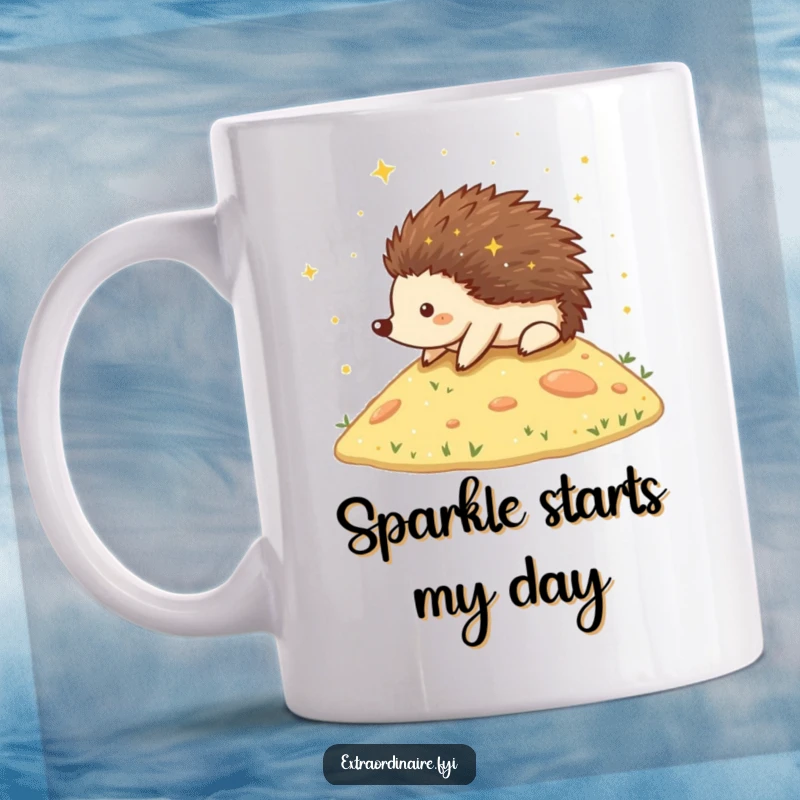 Funny Hedgehog Mug featuring a happy hedgehog rolling down a hill covered in shimmering stardust, bringing a touch of wonder.
