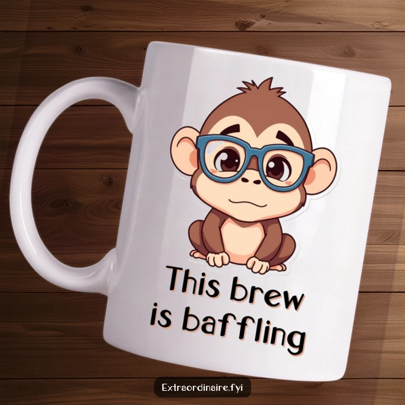 Funny monkey glasses mug, a silly monkey wearing oversized glasses looking utterly confused, expressing bewilderment and humor.