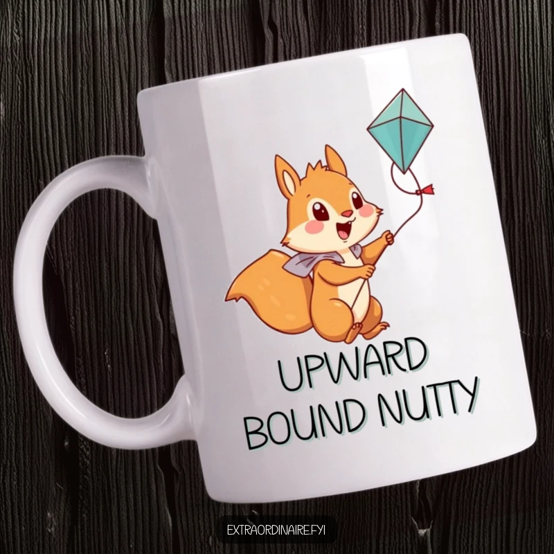 Funny Squirrel Mug: A brave, determined squirrel character joyfully rides a kite high in the bright blue sky.