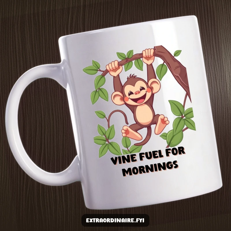 Funny Monkey Mug featuring a mischievous monkey swinging from a vine with a wide, grinning expression, perfect for jungle lovers.
