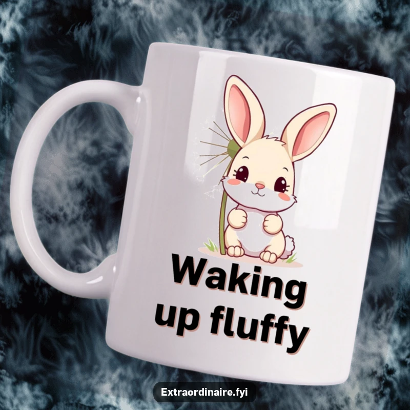 Funny mug with a curious bunny peeking from behind a giant, sparkling dandelion, evoking a sense of gentle discovery.
