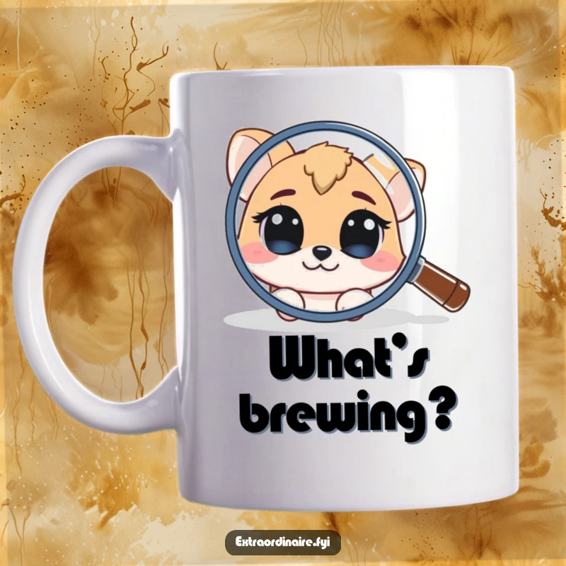 Funny Mug: A curious animal character peeks out from behind a large magnifying glass, showing keen interest and wonder.