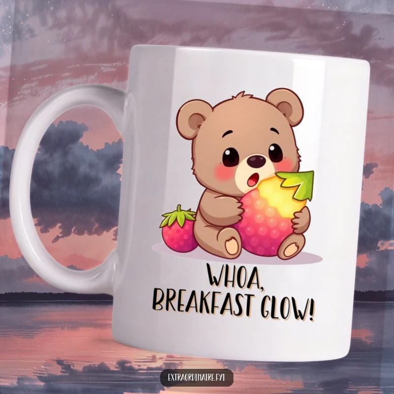 Funny bear cub mug showing a wide-eyed cub discovering a huge, luminous berry, expressing pure astonishment and delight.