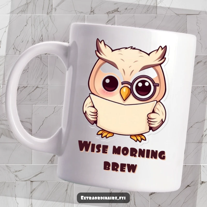 Funny mug with a cheerful owl wearing a monocle, reading a scroll, embodying intelligence and humor.