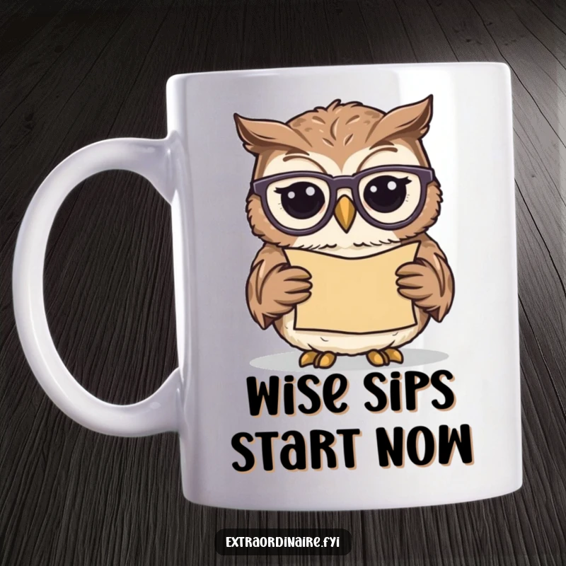 Funny owl mug with elegant spectacles, a wise bird calmly reading an ancient scroll, radiating knowledge and peace.
