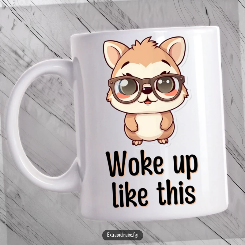 Funny mug showing a cute animal character with comically large spectacles, eyes wide in a state of amusing shock or surprise.