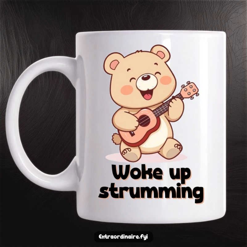 Funny Bear Mug: A cheerful, smiling bear character enthusiastically plays a miniature ukulele with tiny strumming fingers.