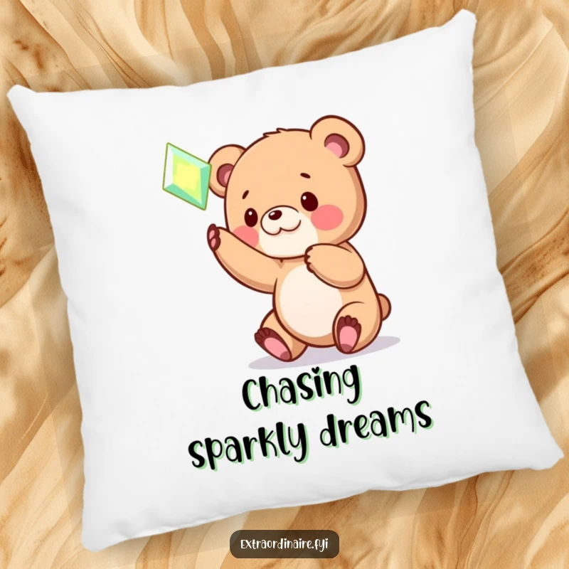 Funny Bear Cub Gem Pillow: A soft pillow with a funny design of a playful bear cub batting enthusiastically at a glowing, hovering gem.