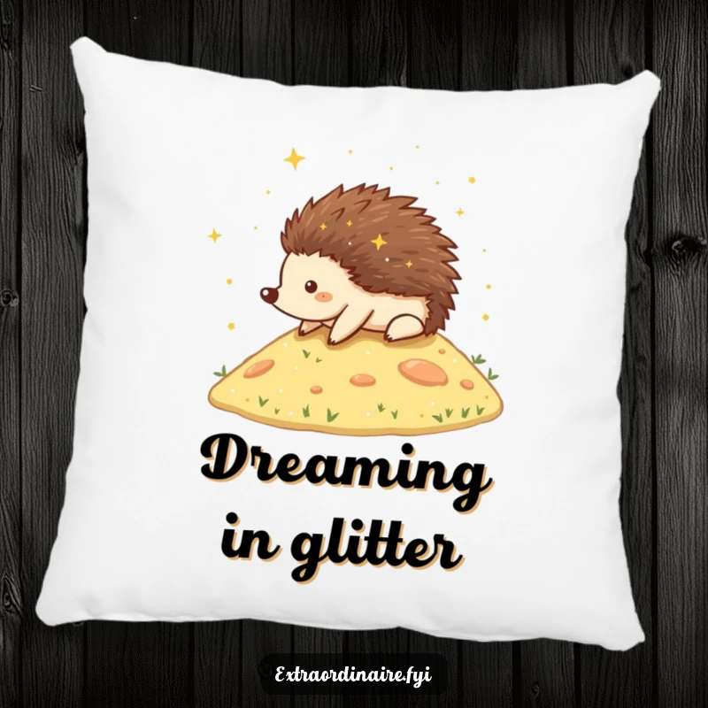 Funny Hedgehog Pillow featuring a happy hedgehog rolling down a stardust-covered hill, providing comfort and a touch of cosmic delight.