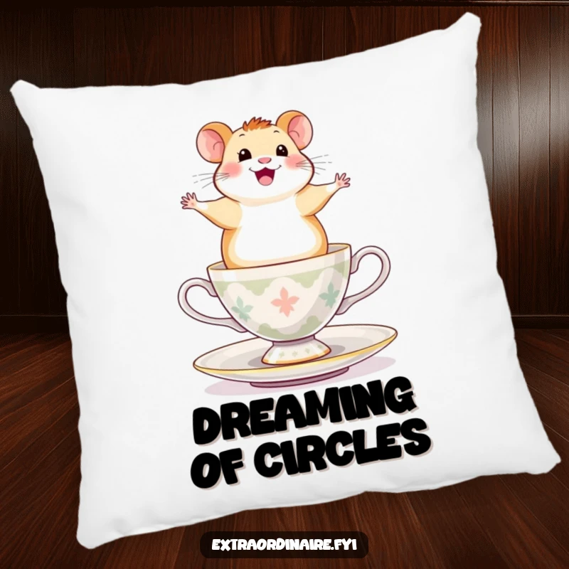Funny Hamster Pillow: A happy hamster looking exhilarated while balancing on a spinning teacup, perfect for cozying up.