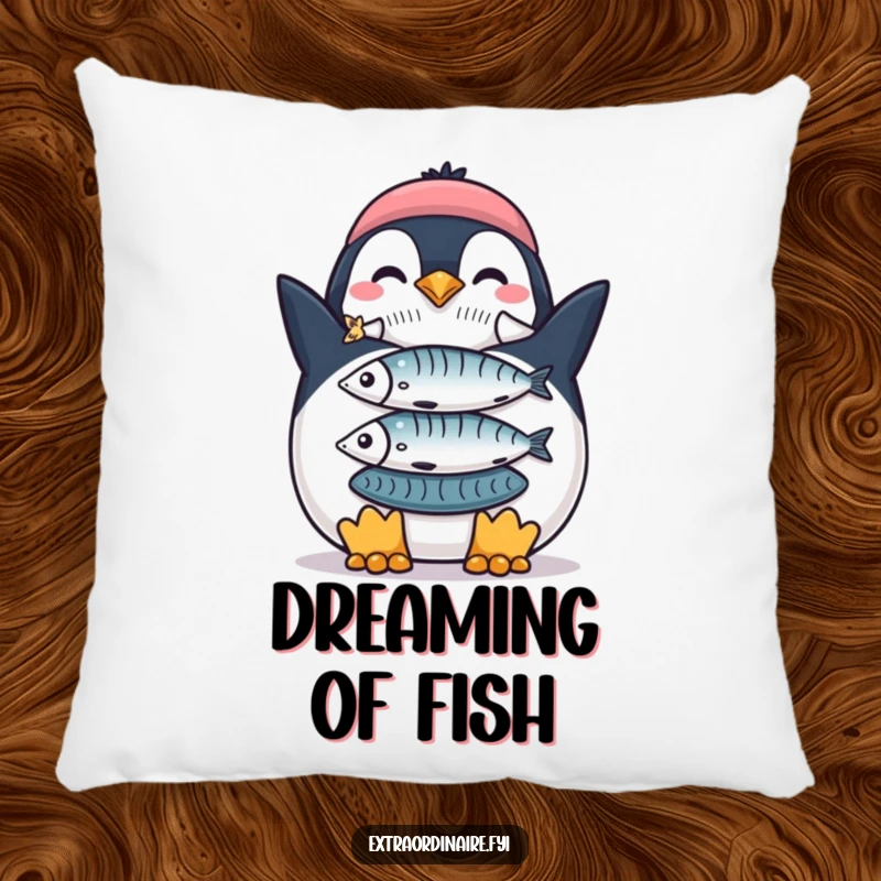 Funny Penguin Fish Stack Pillow: A soft pillow featuring a proud penguin with a stack of fish, offering funny comfort.