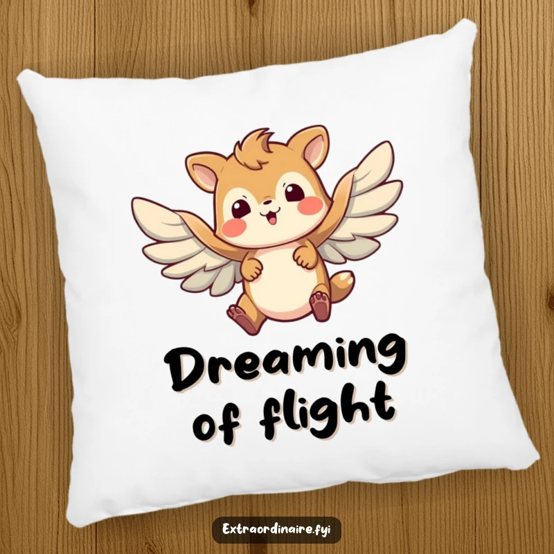 Funny pillow design of a brave animal character attempting to fly with awkwardly flapping wings, symbolizing valiant effort and determination.