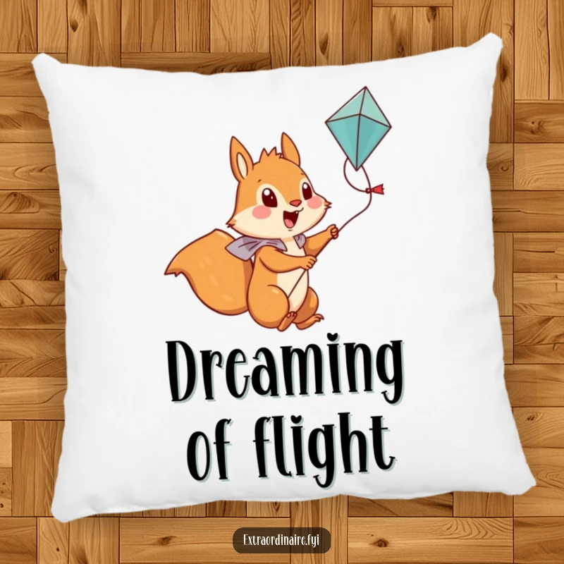 Funny Squirrel Pillow: A brave squirrel character rests comfortably, dreaming of riding a kite.