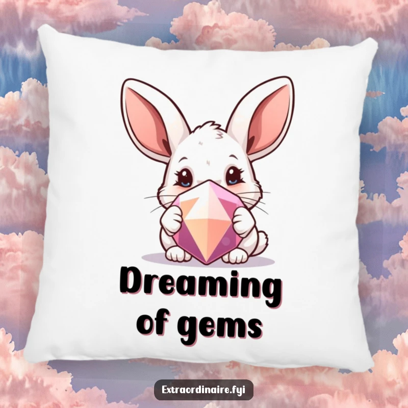 Funny pillow showcasing a curious rabbit with large ears peeking from behind a sparkling gem, bringing cute comfort.