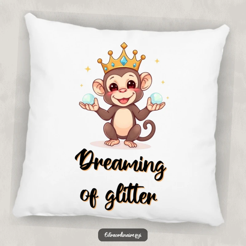 Funny pillow featuring a mischievous crowned monkey juggling orbs, offering plush comfort and a touch of regal humor.