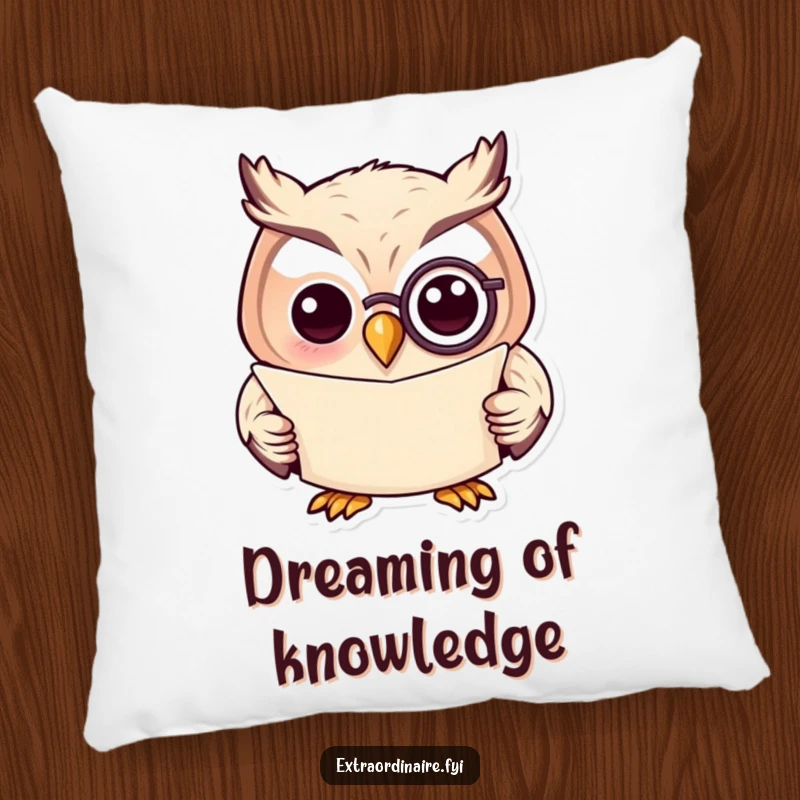 Funny throw pillow with a wise owl wearing a monocle and reading a scroll, offering humorous intellectual comfort.
