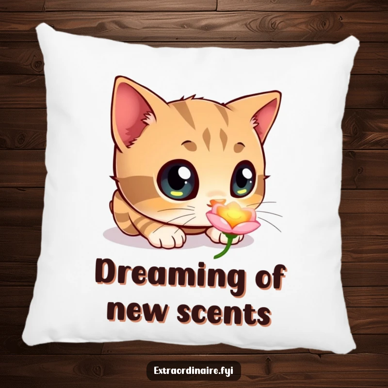 Funny pillow featuring a curious cat with oversized eyes, sniffing a softly glowing flower, ideal for adding whimsical comfort.