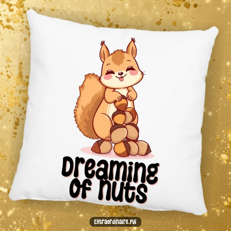 Funny throw pillow with a giggling squirrel balancing a stack of acorns, providing humorous comfort and nutty charm.