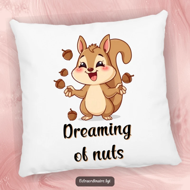 Funny squirrel juggling pillow, a squirrel concentrating hard while juggling acorns with a wide grin.