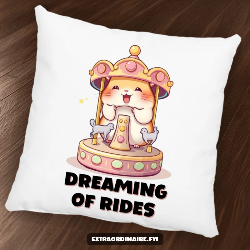 Funny Hamster Carousel Pillow: A cozy pillow featuring a happy hamster spinning a magical carousel, offering funny comfort.