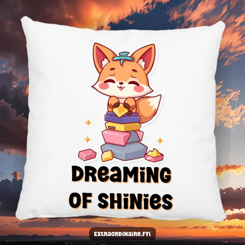 Funny Fox Pillow: A mischievous fox character lounges comfortably atop a pile of sparkling, shiny objects.