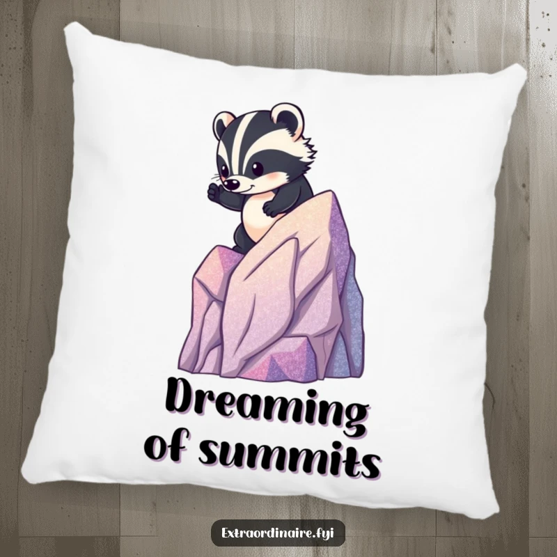 Funny badger mountain pillow, a brave animal climbing a miniature glittery mountain, offering cozy comfort and adventurous charm.