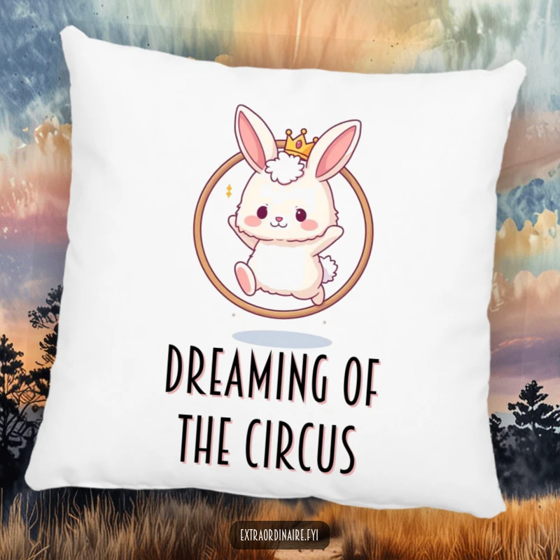 Funny pillow with a fluffy bunny wearing a tiny crown, leaping through a hoop. Soft, comfortable, and cute.